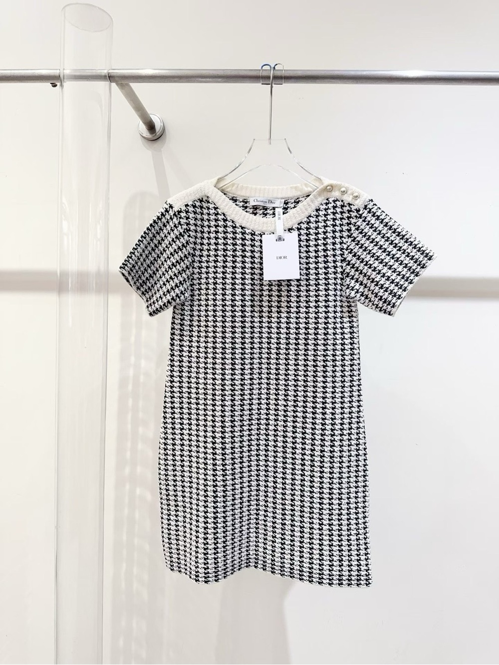 Dior Black & White Houndstooth Short-Sleeve Shift Dress with Pearl Accents